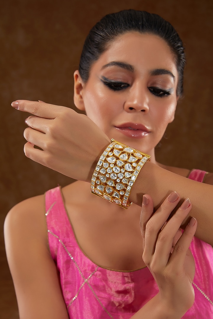 Gold Finish Moissanite Polki Bangle In Sterling Silver by STELLA CREATIONS at Pernia's Pop Up Shop