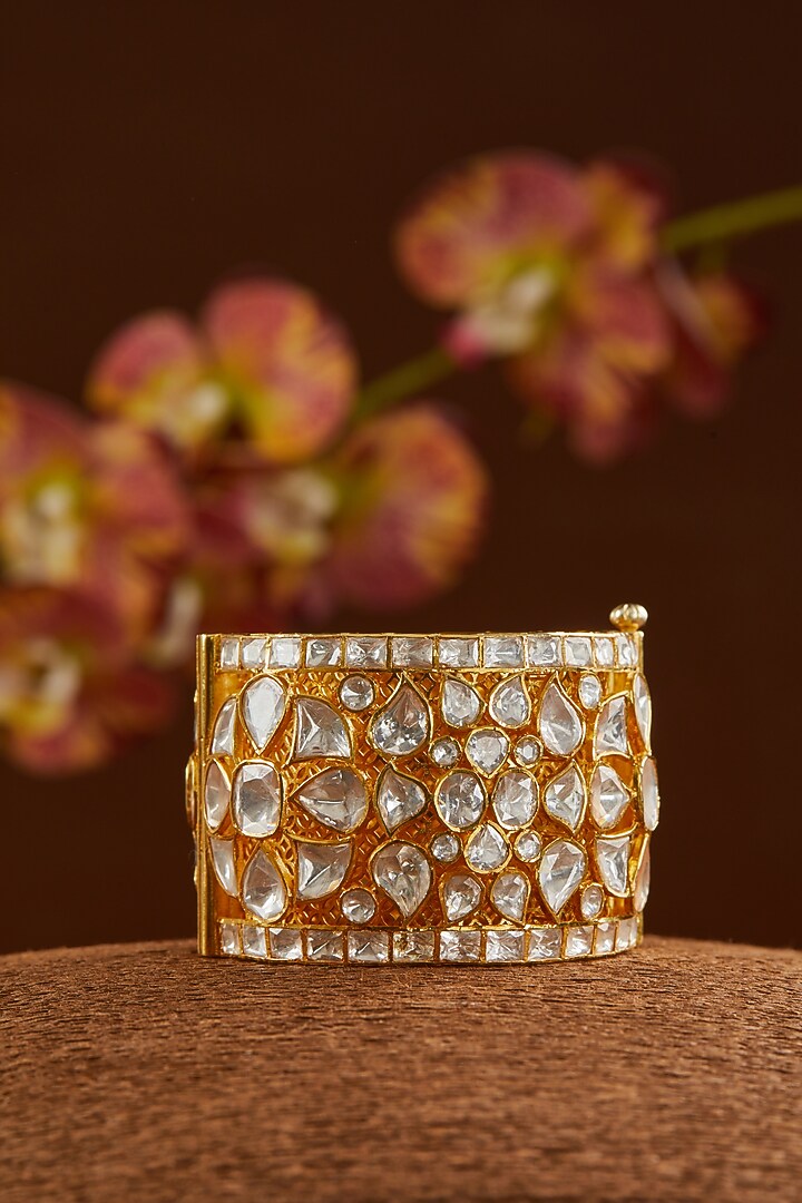 Gold Finish Moissanite Polki Bangle In Sterling Silver by STELLA CREATIONS at Pernia's Pop Up Shop