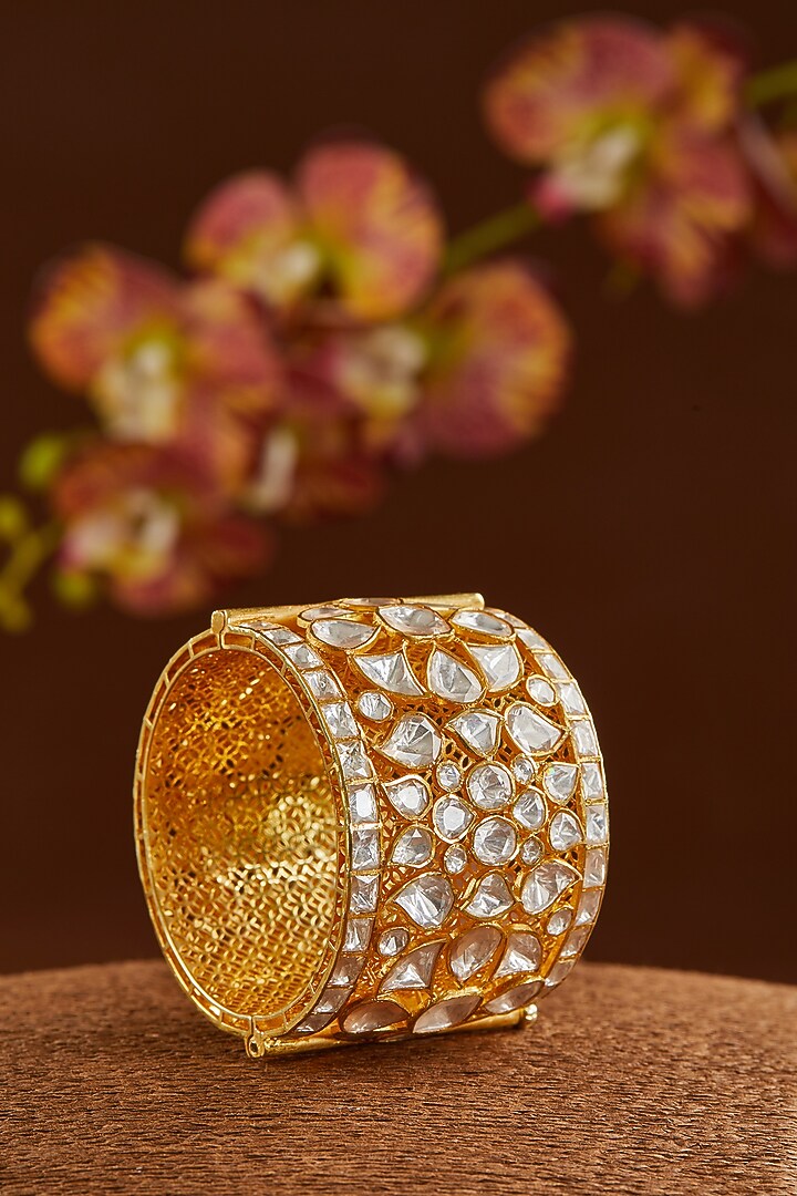 Gold Finish Moissanite Polki Bangle In Sterling Silver by STELLA CREATIONS at Pernia's Pop Up Shop