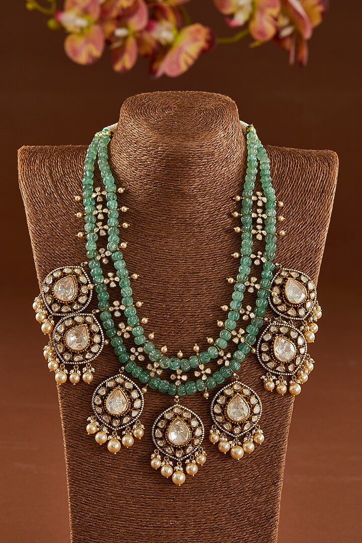 Black Rhodium Finish Moissanite Polki & Synthetic Emerald Stone Necklace Set In Sterling Silver by STELLA CREATIONS at Pernia's Pop Up Shop