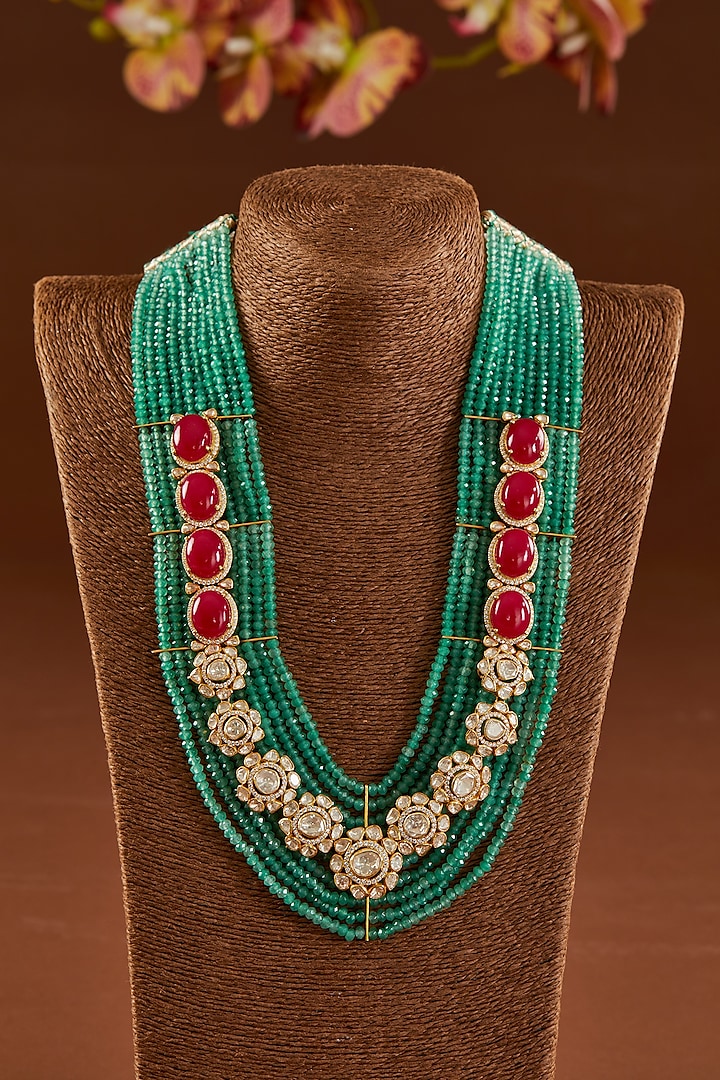 Gold Finish Moissanite Polki & Synthetic Stone Necklace Set In Sterling Silver by STELLA CREATIONS at Pernia's Pop Up Shop