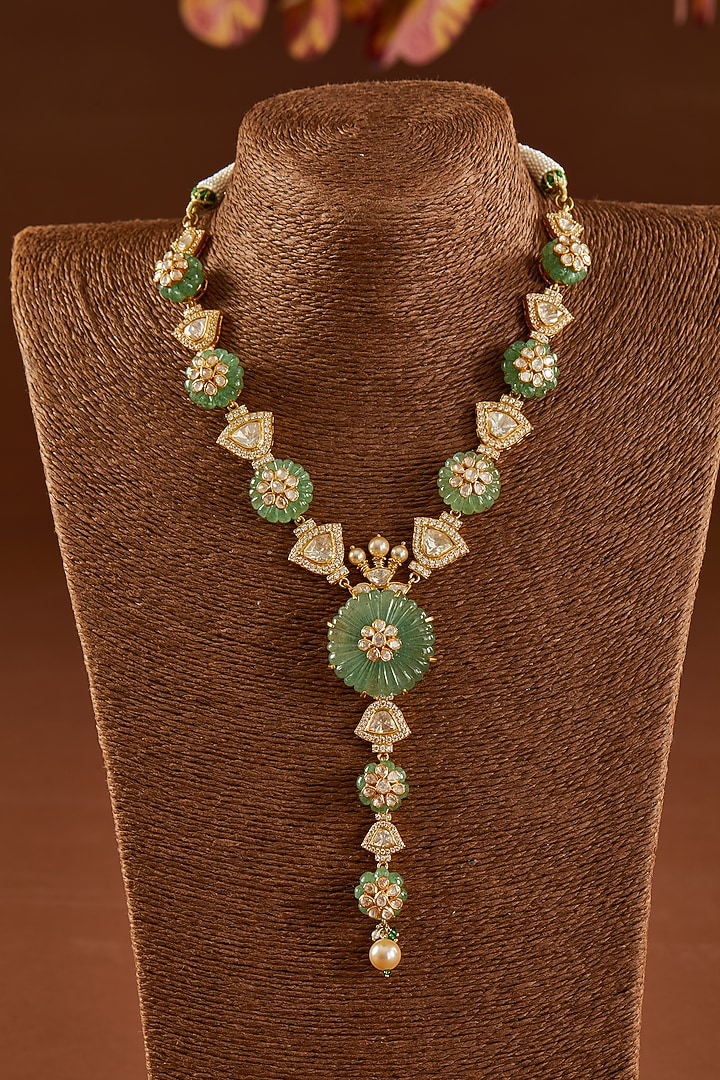 Gold Finish Moissanite Polki & Synthetic Emerald Stone Necklace Set In Sterling Silver by STELLA CREATIONS at Pernia's Pop Up Shop