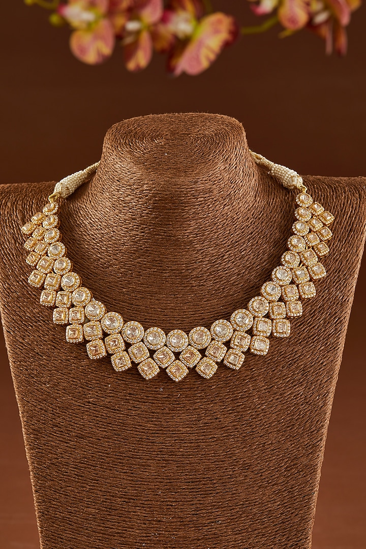 Gold Finish Moissanite Polki & CZ Necklace Set In Sterling Silver by STELLA CREATIONS at Pernia's Pop Up Shop