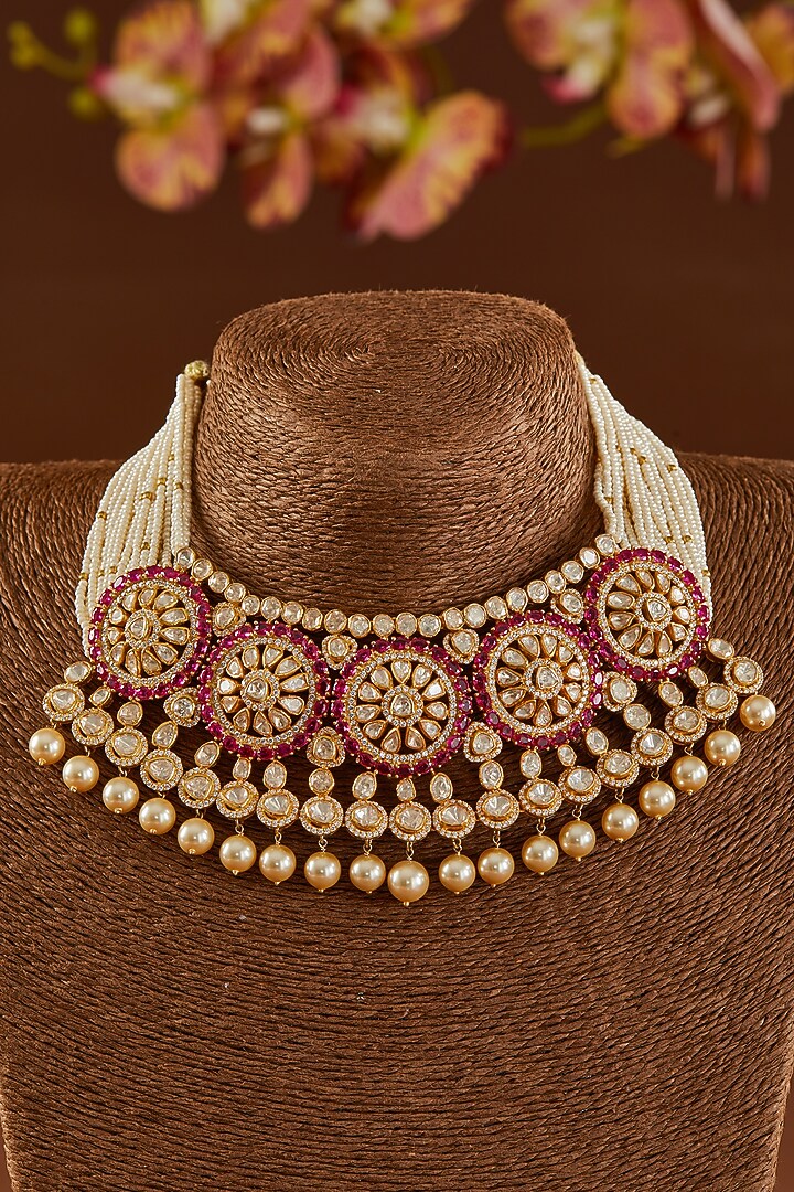 Gold Finish Moissanite Polki & Synthetic Ruby Stone Necklace Set In Sterling Silver by STELLA CREATIONS at Pernia's Pop Up Shop