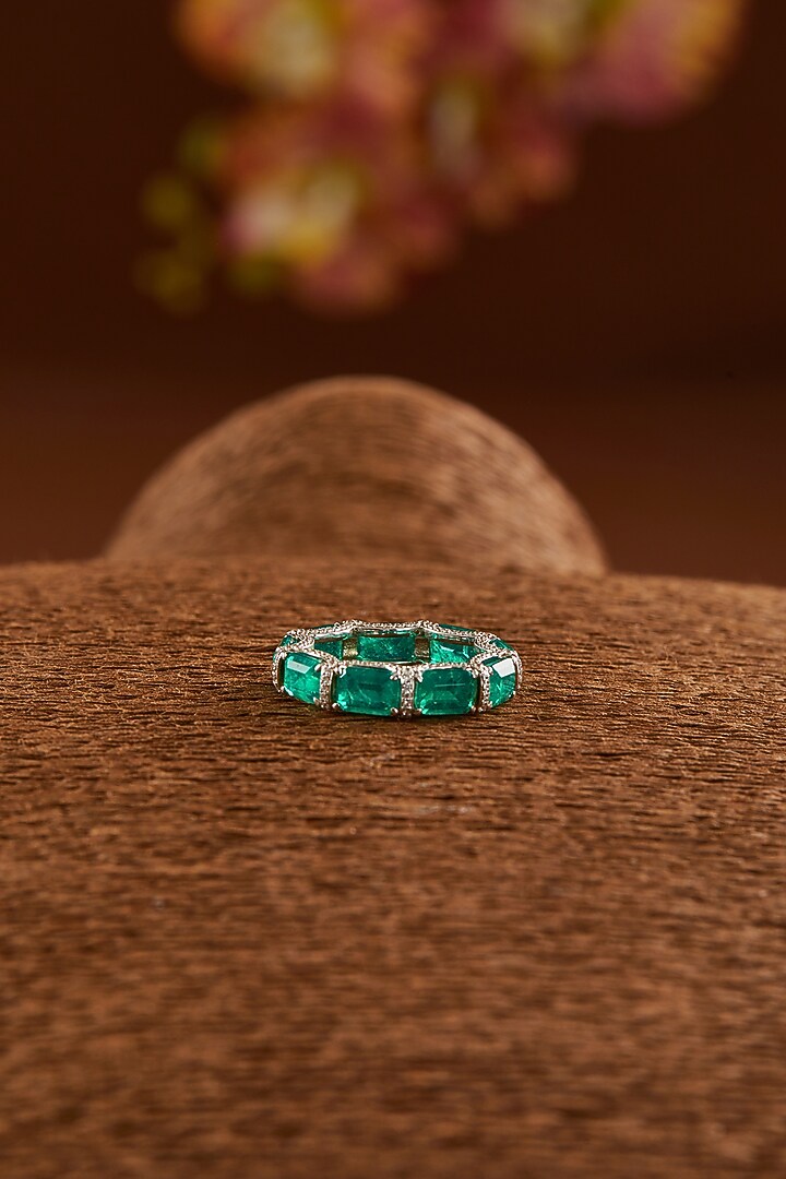 White Finish Zircon & Synthetic Emerald Ring In Sterling Silver by STELLA CREATIONS at Pernia's Pop Up Shop