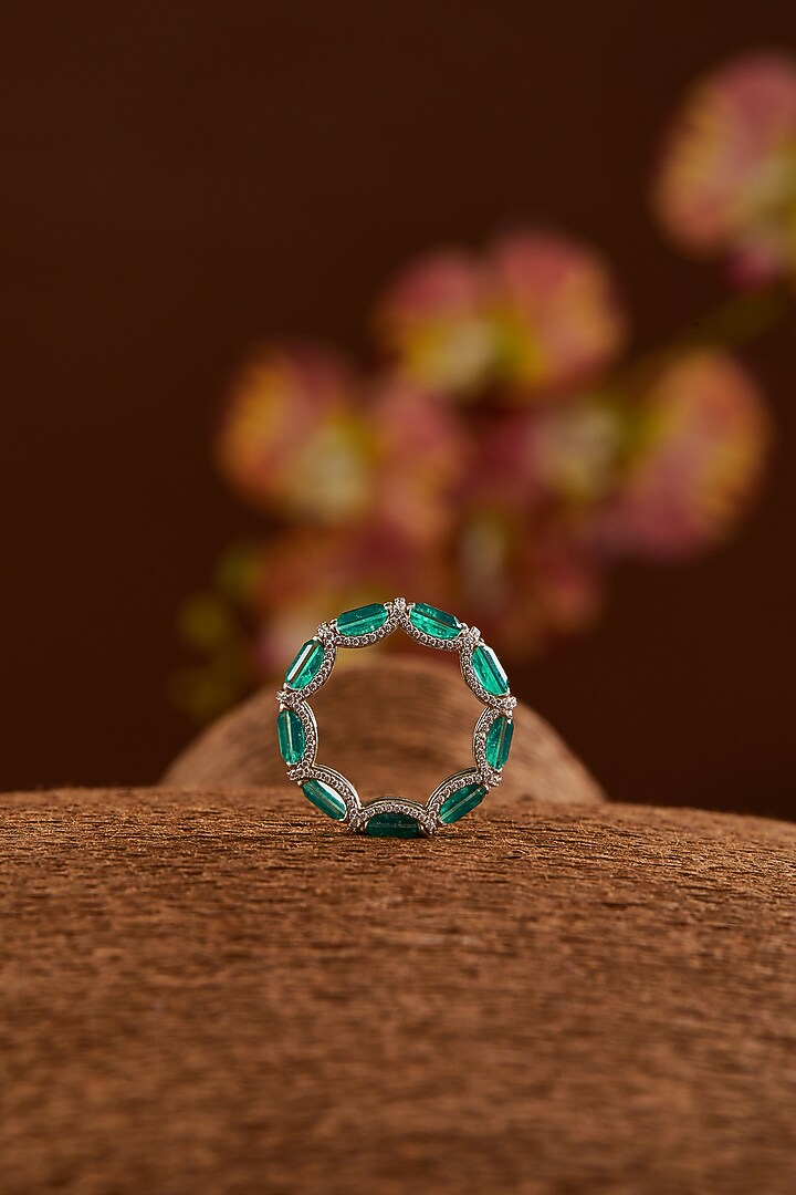White Finish Zircon & Synthetic Emerald Ring In Sterling Silver by STELLA CREATIONS at Pernia's Pop Up Shop