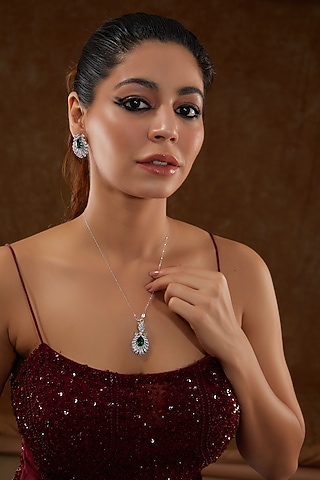 White Finish Zircon & Synthetic Emerald Pendant Necklace Set In Sterling Silver by STELLA CREATIONS