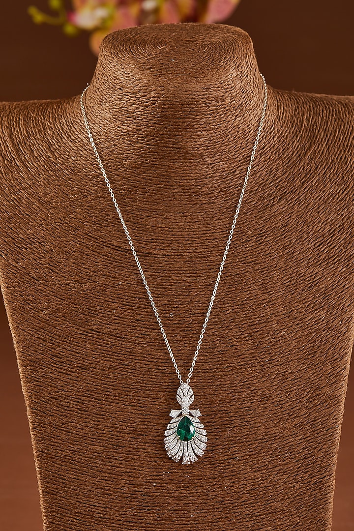 White Finish Zircon & Synthetic Emerald Pendant Necklace Set In Sterling Silver by STELLA CREATIONS at Pernia's Pop Up Shop