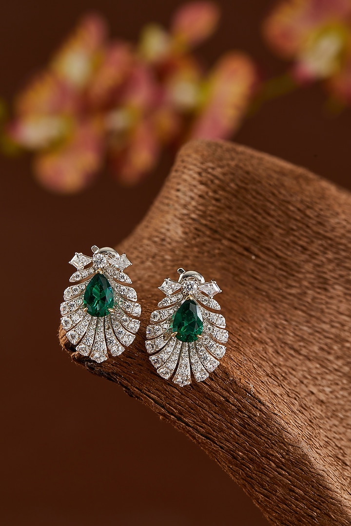 White Finish Zircon & Synthetic Emerald Pendant Necklace Set In Sterling Silver by STELLA CREATIONS at Pernia's Pop Up Shop