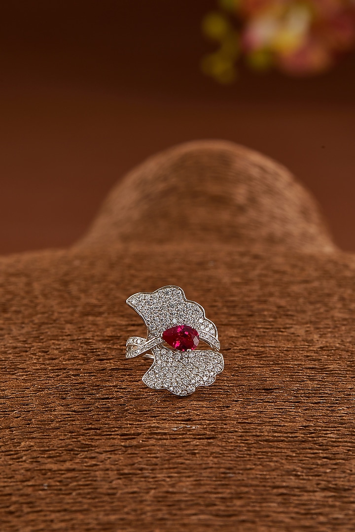 White Finish Zircon & Synthetic Ruby Ring In Sterling Silver by STELLA CREATIONS at Pernia's Pop Up Shop
