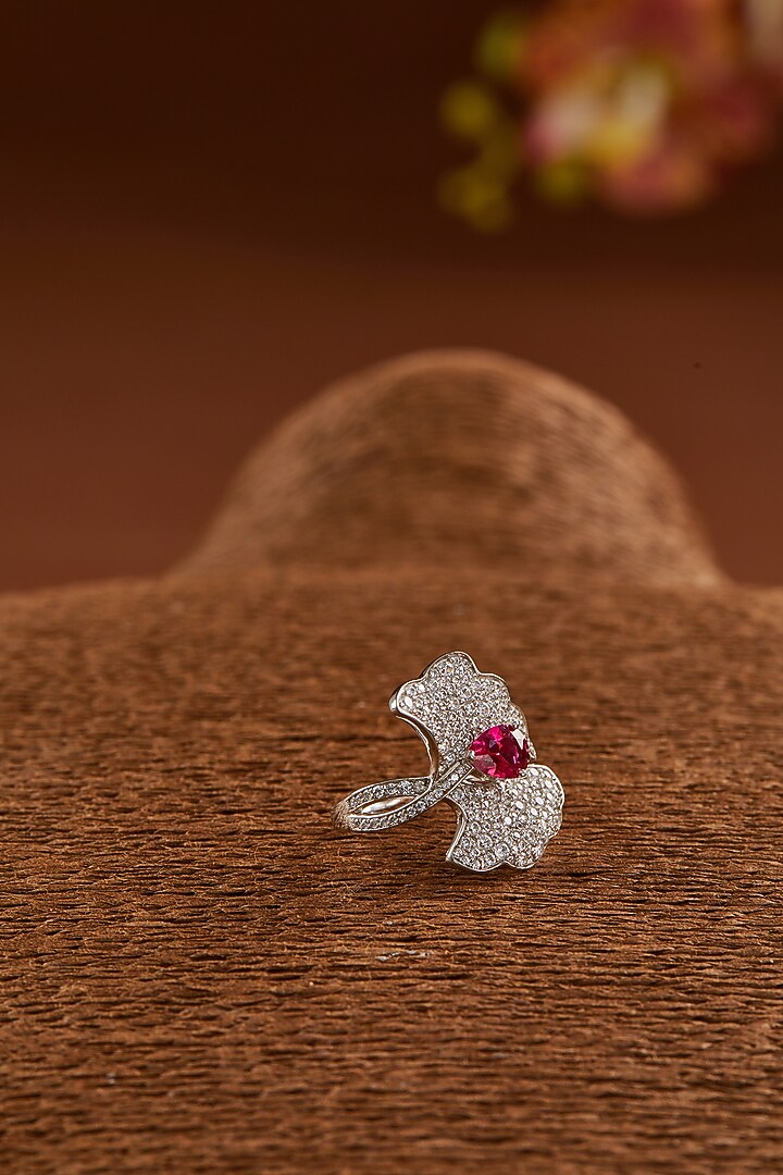 White Finish Zircon & Synthetic Ruby Ring In Sterling Silver by STELLA CREATIONS at Pernia's Pop Up Shop