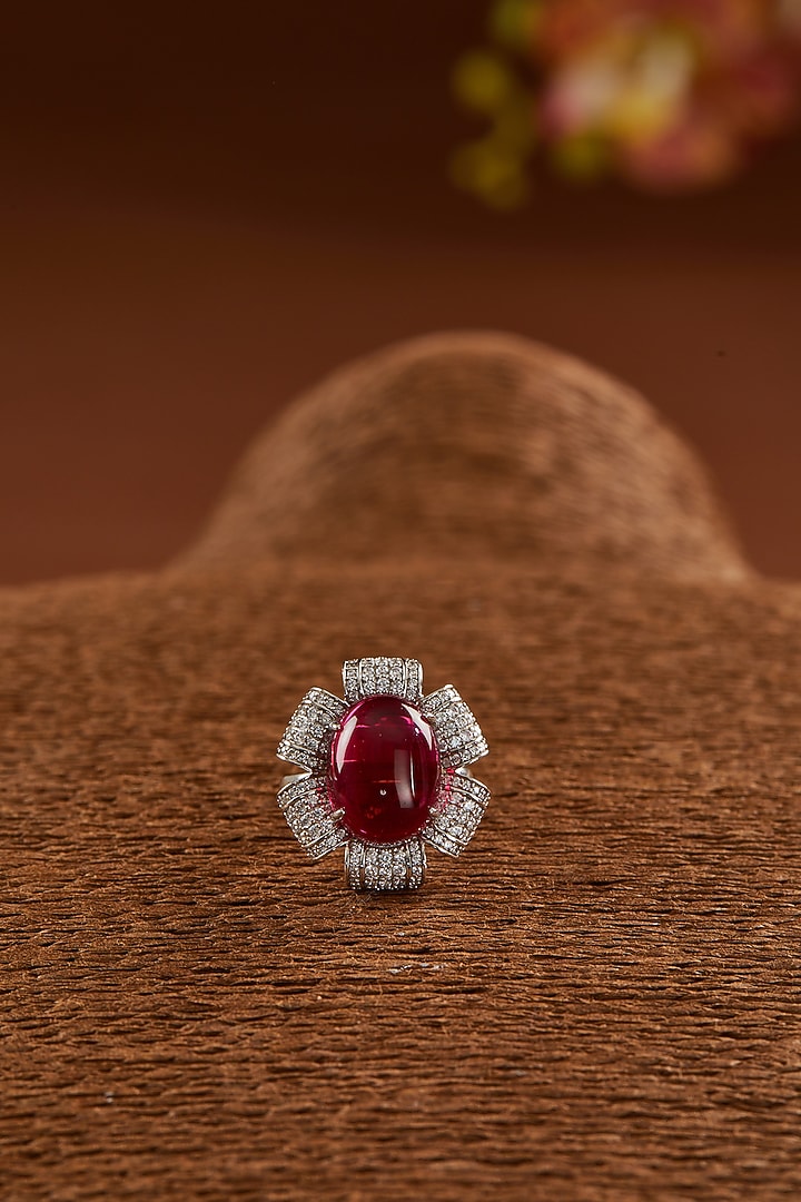 White Finish Zircon & Synthetic Ruby Ring In Sterling Silver by STELLA CREATIONS at Pernia's Pop Up Shop