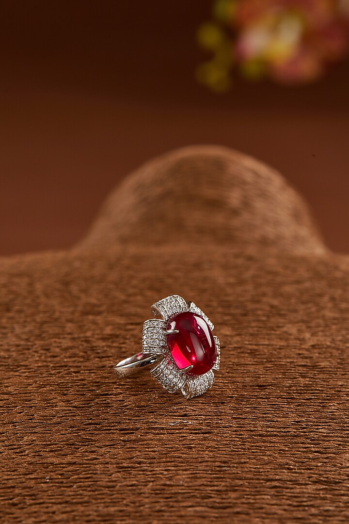 White Finish Zircon & Synthetic Ruby Ring In Sterling Silver by STELLA CREATIONS at Pernia's Pop Up Shop