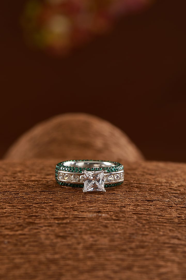 White Finish Zircon & Synthetic Emerald Ring In Sterling Silver by STELLA CREATIONS at Pernia's Pop Up Shop