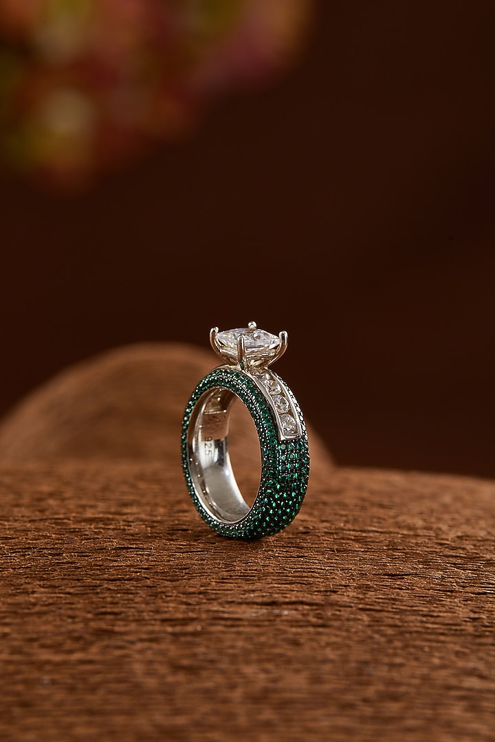 White Finish Zircon & Synthetic Emerald Ring In Sterling Silver by STELLA CREATIONS at Pernia's Pop Up Shop