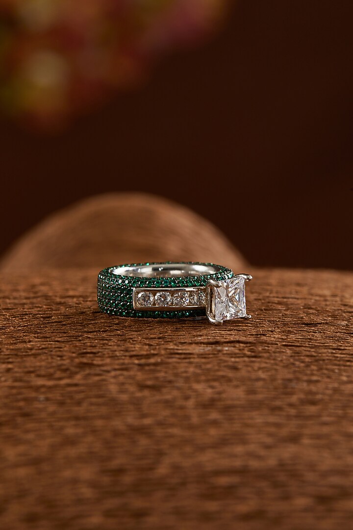 White Finish Zircon & Synthetic Emerald Ring In Sterling Silver by STELLA CREATIONS at Pernia's Pop Up Shop