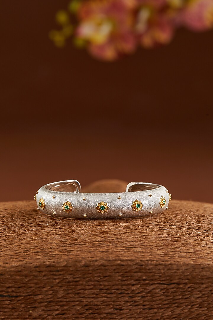 Two-Tone Finish CZ & Synthetic Peridot Bangle In Sterling Silver by STELLA CREATIONS at Pernia's Pop Up Shop