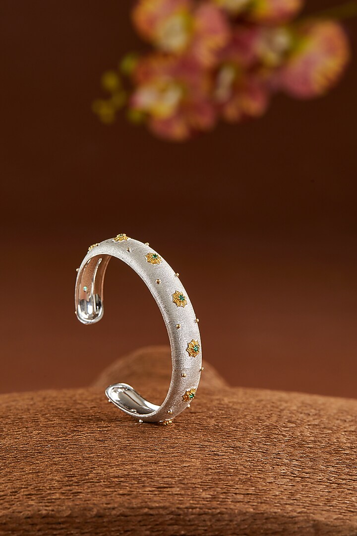 Two-Tone Finish CZ & Synthetic Peridot Bangle In Sterling Silver by STELLA CREATIONS at Pernia's Pop Up Shop