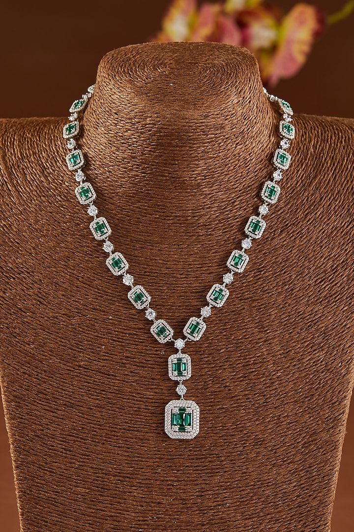 White Finish Zircon & Synthetic Emerald Necklace Set In Sterling Silver by STELLA CREATIONS at Pernia's Pop Up Shop