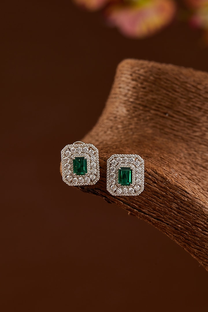 White Finish Zircon & Synthetic Emerald Necklace Set In Sterling Silver by STELLA CREATIONS at Pernia's Pop Up Shop