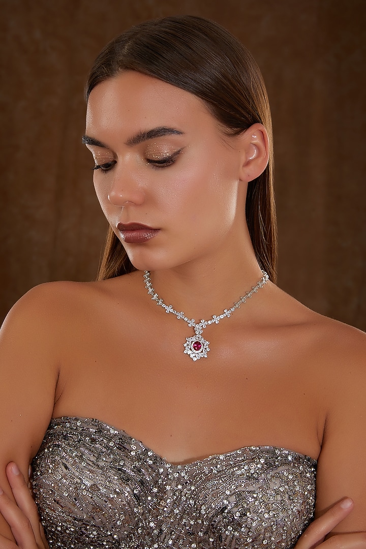 White Finish Zircon & Synthetic Ruby Necklace In Sterling Silver by STELLA CREATIONS at Pernia's Pop Up Shop