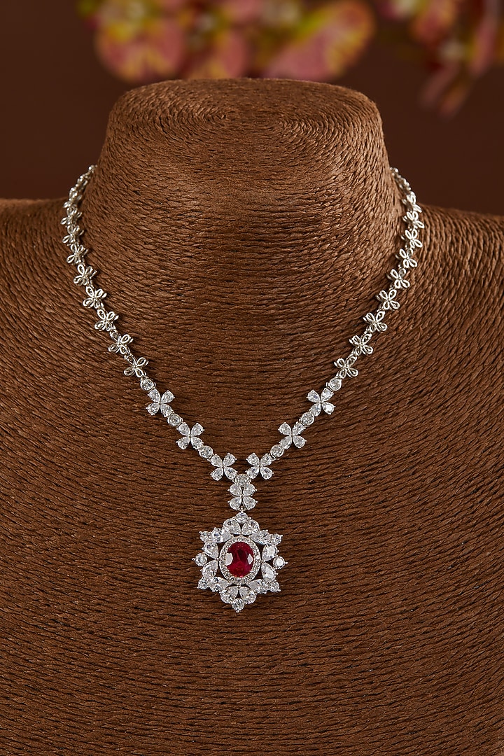 White Finish Zircon & Synthetic Ruby Necklace In Sterling Silver by STELLA CREATIONS at Pernia's Pop Up Shop