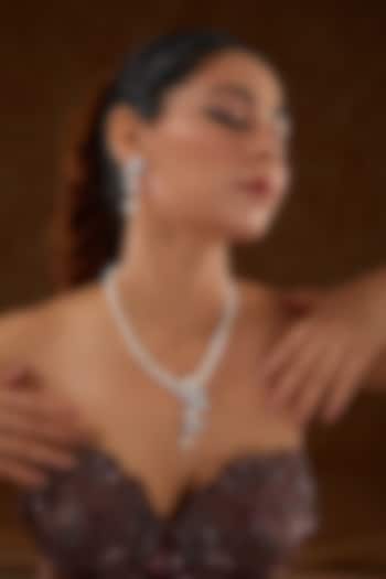 White Finish Zircon & Pearl Necklace Set In Sterling Silver by STELLA CREATIONS at Pernia's Pop Up Shop