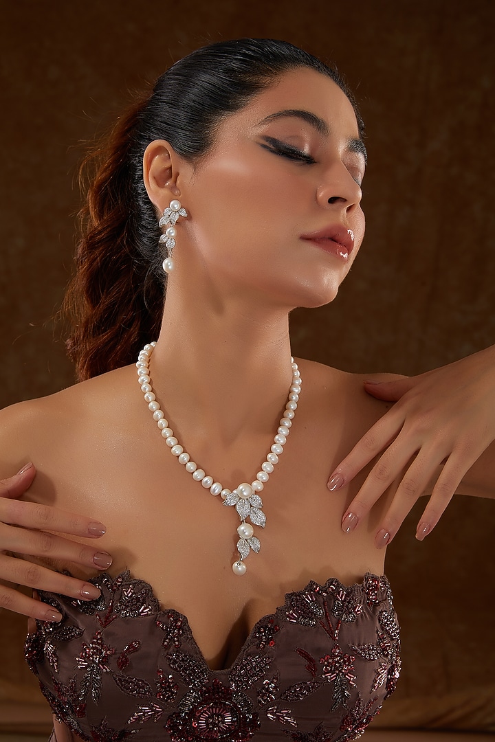 White Finish Zircon & Pearl Necklace Set In Sterling Silver by STELLA CREATIONS at Pernia's Pop Up Shop