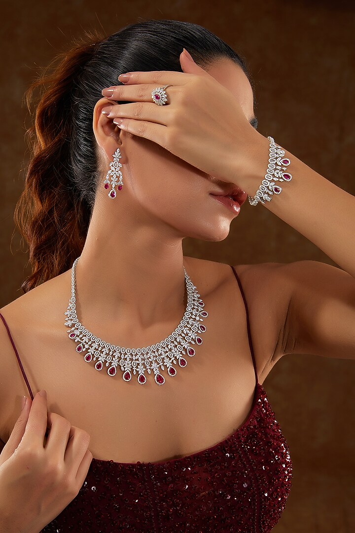 White Finish Zircon & Synthetic Ruby Necklace Set In Sterling Silver by STELLA CREATIONS at Pernia's Pop Up Shop