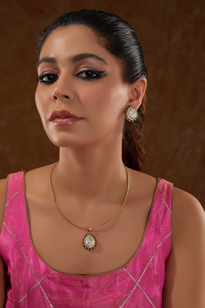 Gold Finish Moissanite Polki & Black Onyx Pendant Necklace Set In Sterling Silver by STELLA CREATIONS at Pernia's Pop Up Shop
