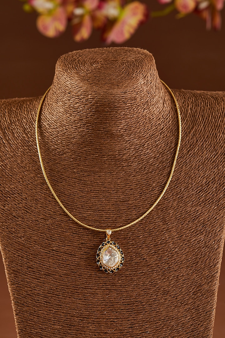 Gold Finish Moissanite Polki & Black Onyx Pendant Necklace Set In Sterling Silver by STELLA CREATIONS at Pernia's Pop Up Shop