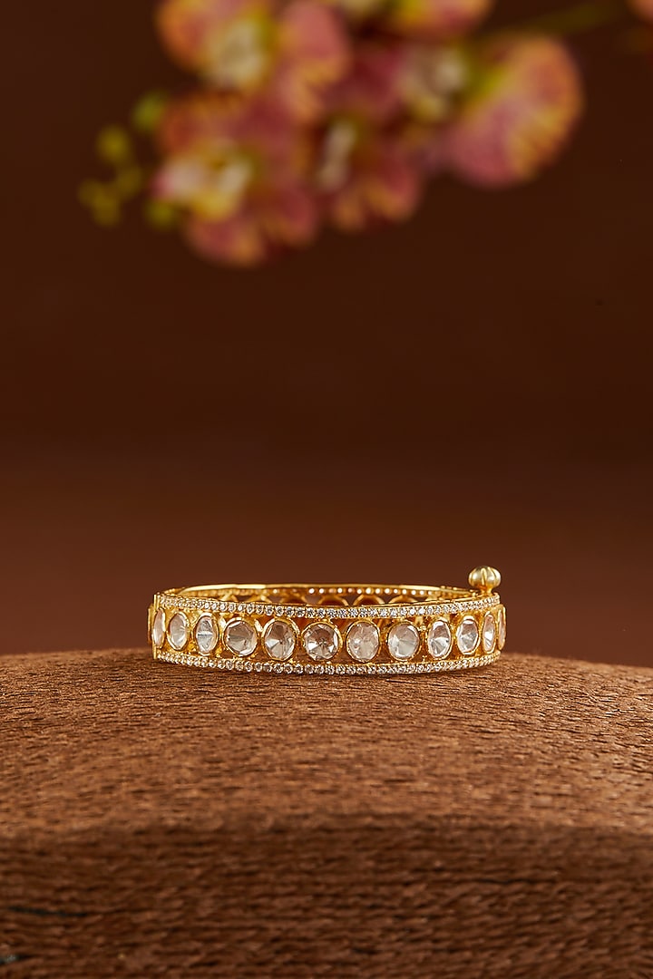 Gold Finish Moissanite Polki & CZ Bangle In Sterling Silver by STELLA CREATIONS at Pernia's Pop Up Shop