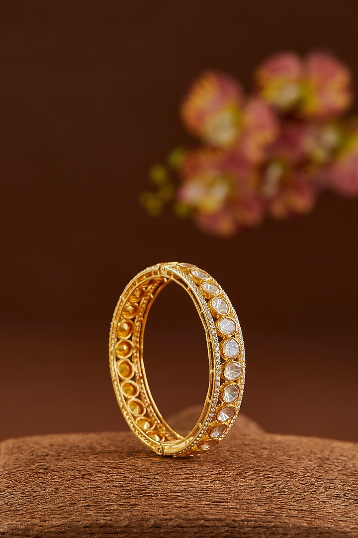 Gold Finish Moissanite Polki & CZ Bangle In Sterling Silver by STELLA CREATIONS at Pernia's Pop Up Shop