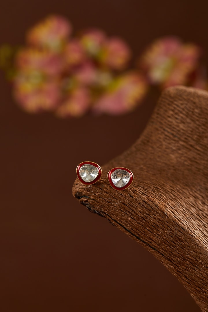 Gold Finish Moissanite Polki Enamelled Stud Earrings In Sterling Silver by STELLA CREATIONS at Pernia's Pop Up Shop