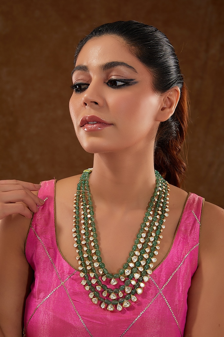 Gold Finish Moissanite Polki & Emerald Long Necklace In Sterling Silver by STELLA CREATIONS at Pernia's Pop Up Shop