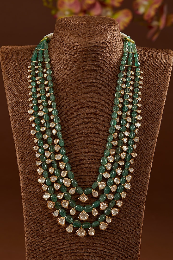 Gold Finish Moissanite Polki & Emerald Long Necklace In Sterling Silver by STELLA CREATIONS at Pernia's Pop Up Shop