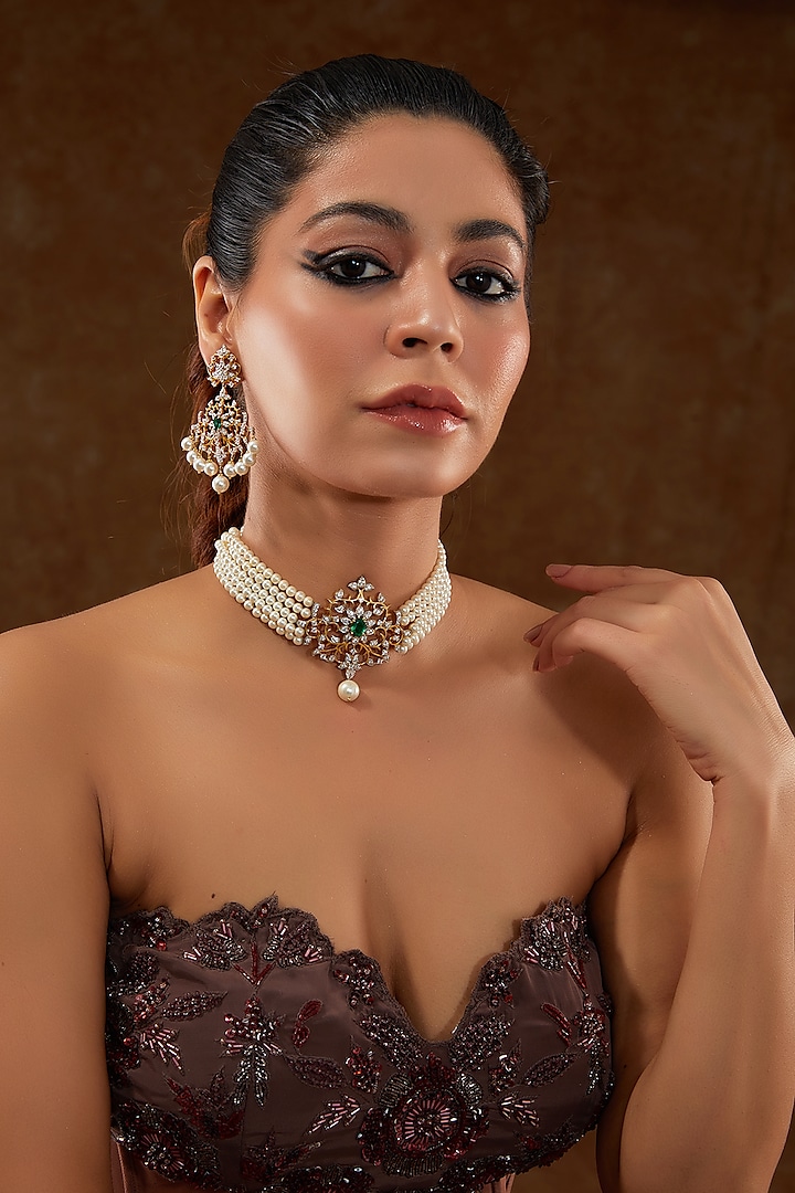 Gold Finish Ruby & Emerald Choker Necklace Set In Sterling Silver by STELLA CREATIONS at Pernia's Pop Up Shop