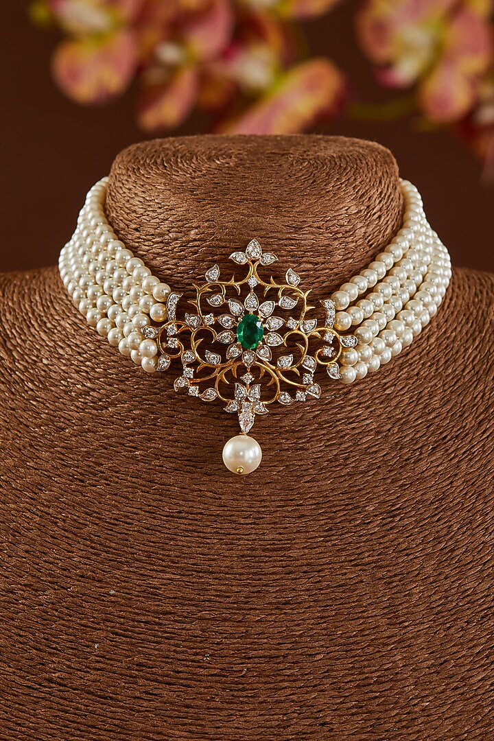 Gold Finish Ruby & Emerald Choker Necklace Set In Sterling Silver by STELLA CREATIONS at Pernia's Pop Up Shop