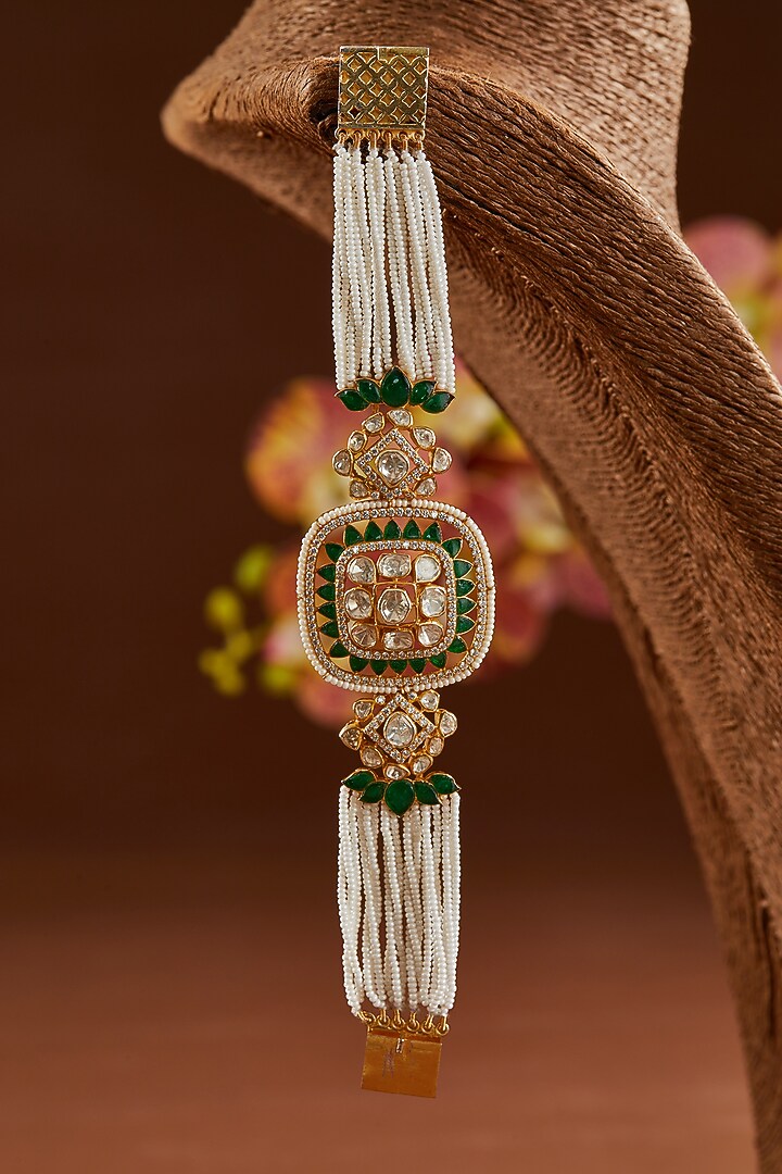 Gold Finish Moissanite Polki & Emerald Bracelet In Sterling Silver by STELLA CREATIONS at Pernia's Pop Up Shop