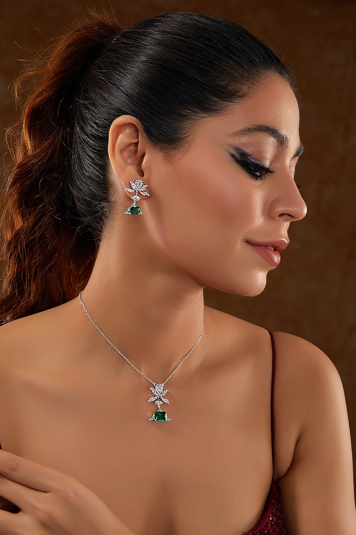 White Finish Zircon & Emerald Pendant Necklace Set In Sterling Silver by STELLA CREATIONS at Pernia's Pop Up Shop