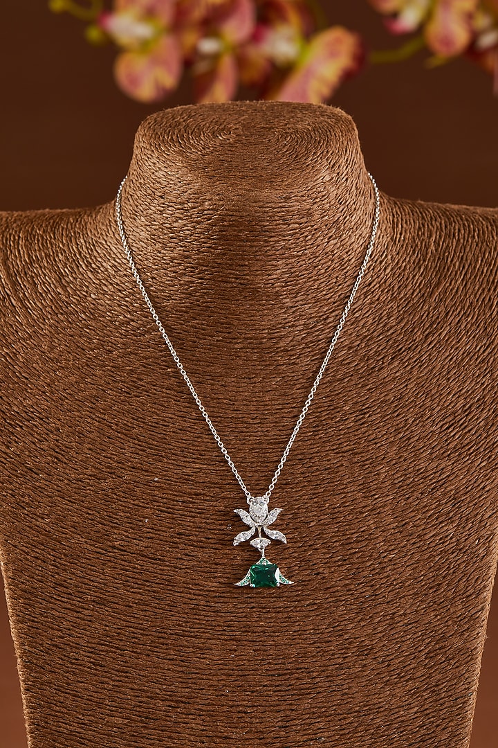 White Finish Zircon & Emerald Pendant Necklace Set In Sterling Silver by STELLA CREATIONS at Pernia's Pop Up Shop