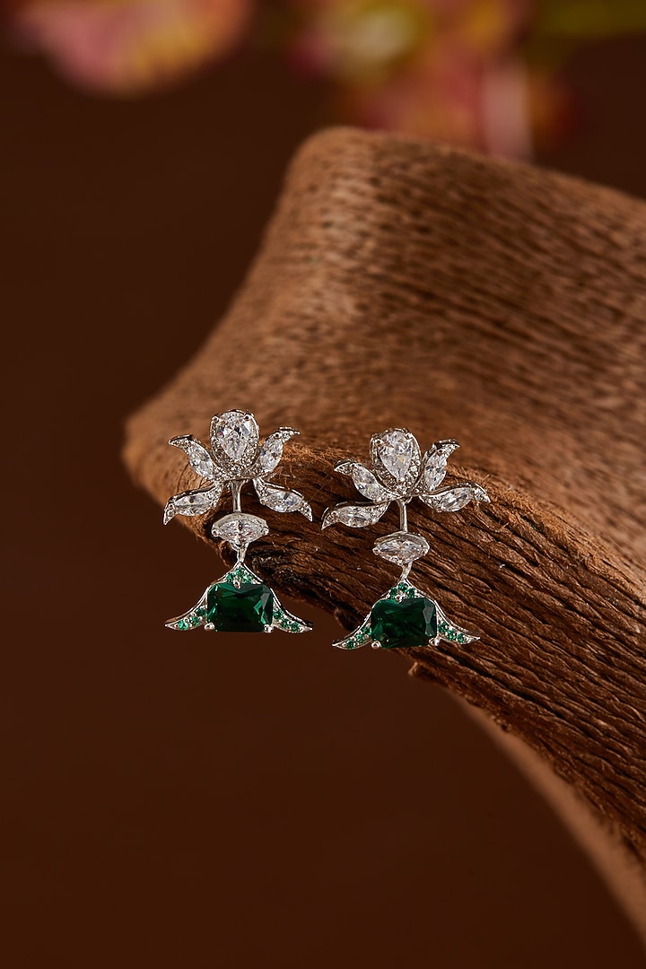 White Finish Zircon & Emerald Pendant Necklace Set In Sterling Silver by STELLA CREATIONS at Pernia's Pop Up Shop