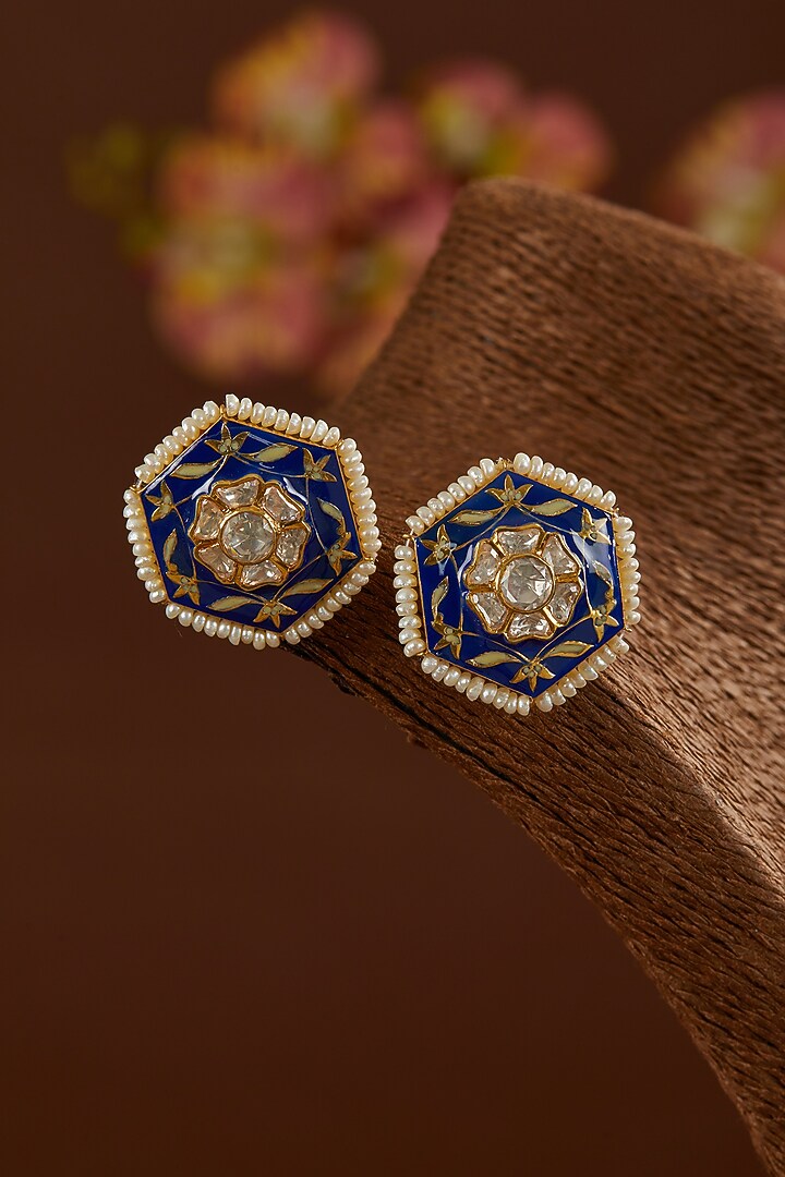 Gold Finish Moissanite Polki & Pearl Enameled Stud Earrings In Sterling Silver by STELLA CREATIONS at Pernia's Pop Up Shop