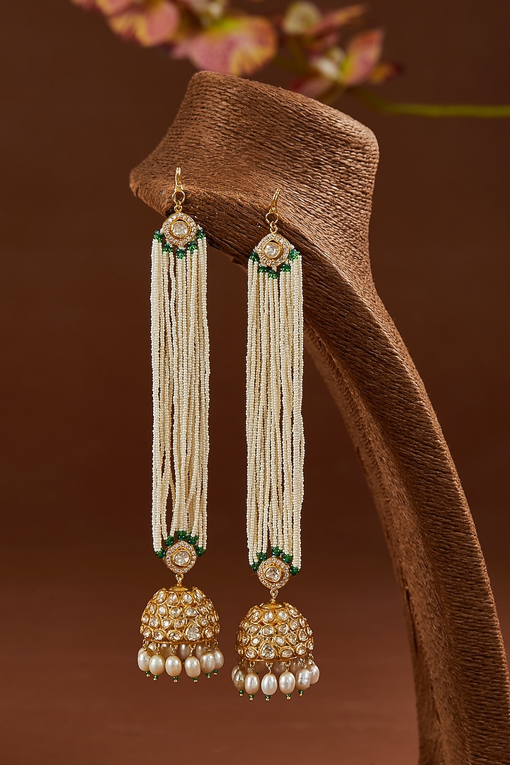 Gold Finish Moissanite Polki & Emerald Dangler Earrings In Sterling Silver by STELLA CREATIONS at Pernia's Pop Up Shop