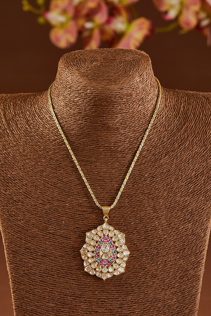 Gold Finish Moissanite Polki & Synthetic Tanzanite Pendant Necklace In Sterling Silver by STELLA CREATIONS at Pernia's Pop Up Shop