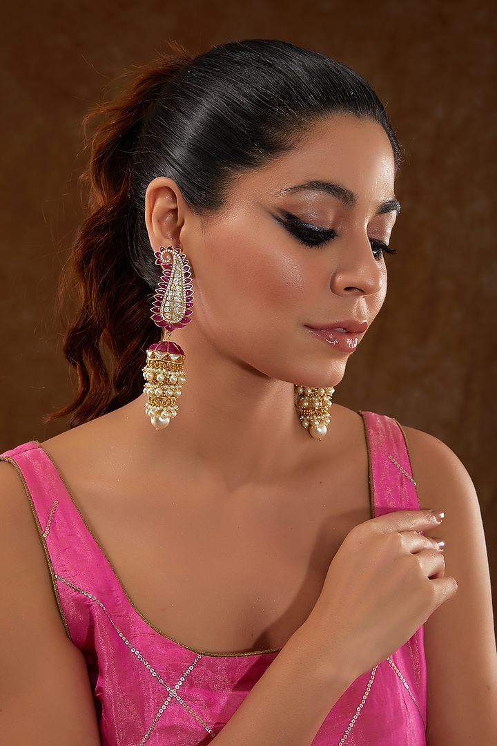 Gold Finish Moissanite Polki & Ruby Dangler Earrings In Sterling Silver by STELLA CREATIONS at Pernia's Pop Up Shop