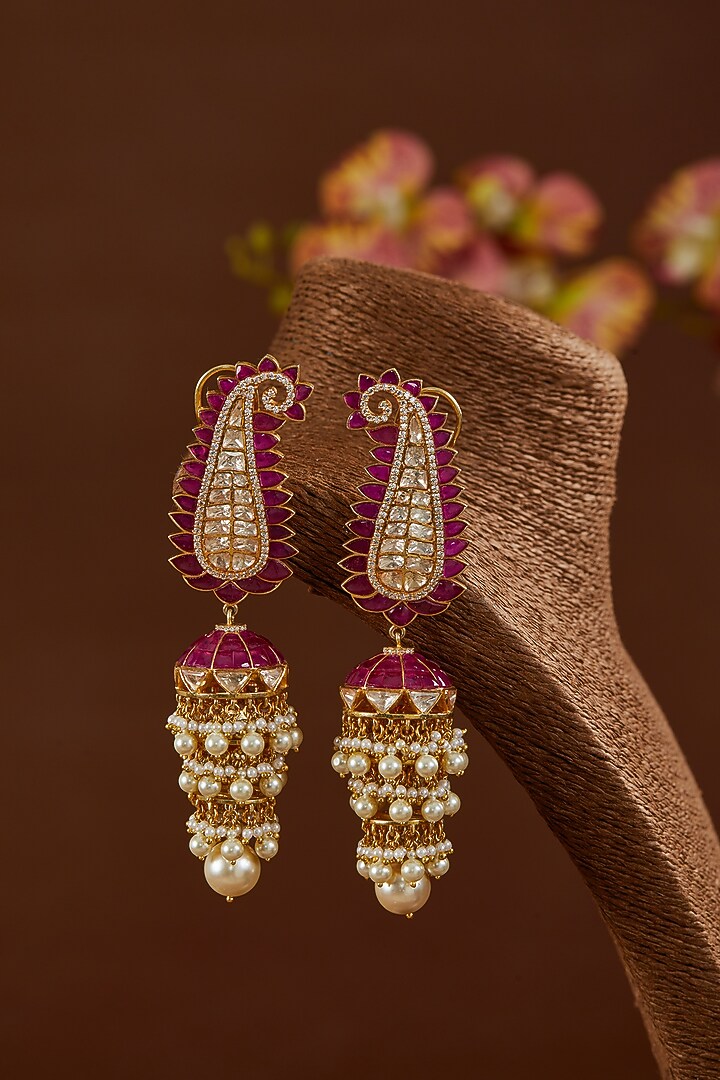 Gold Finish Moissanite Polki & Ruby Dangler Earrings In Sterling Silver by STELLA CREATIONS at Pernia's Pop Up Shop