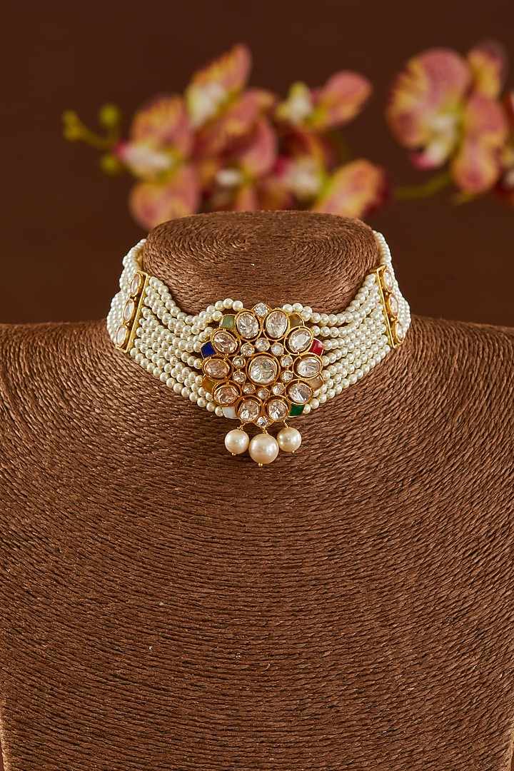 Gold Finish Moissanite Polki & Navratna Stone Choker Necklace Set In Sterling Silver by STELLA CREATIONS at Pernia's Pop Up Shop