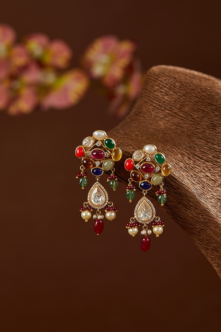 Gold Finish Moissanite Polki & Pearl Dangler Earrings In Sterling Silver by STELLA CREATIONS at Pernia's Pop Up Shop