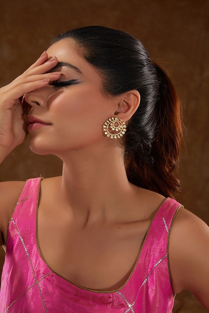 Gold Finish Moissanite Polki & CZ Stud Earrings In Sterling Silver by STELLA CREATIONS at Pernia's Pop Up Shop